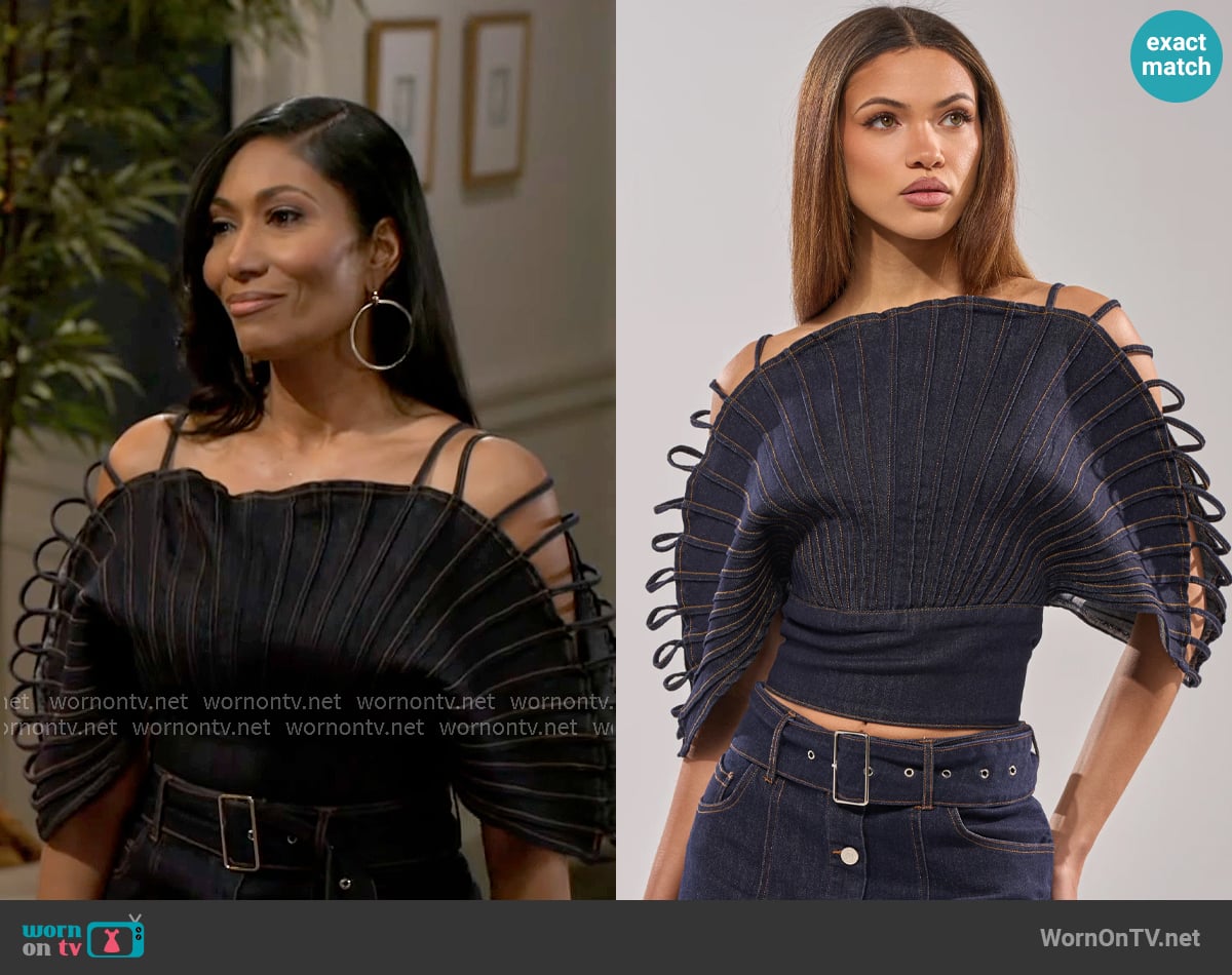 Akira Denim On Denim Blouse worn by Dana 'Leslie' Thomas (Trisha Mann-Grant) on Beyond the Gates Akira Denim On Denim Blouse worn by Dana 'Leslie' Thomas (Trisha Mann-Grant) on Beyond the Gates