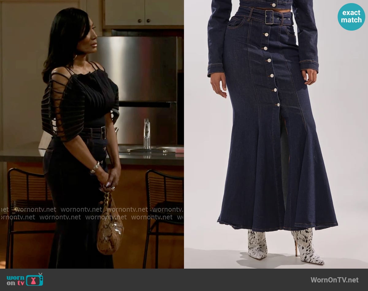 Akira You Got Me Spinning Denim Maxi Skirt worn by Dana 'Leslie' Thomas (Trisha Mann-Grant) on Beyond the Gates Akira You Got Me Spinning Denim Maxi Skirt worn by Dana 'Leslie' Thomas (Trisha Mann-Grant) on Beyond the Gates