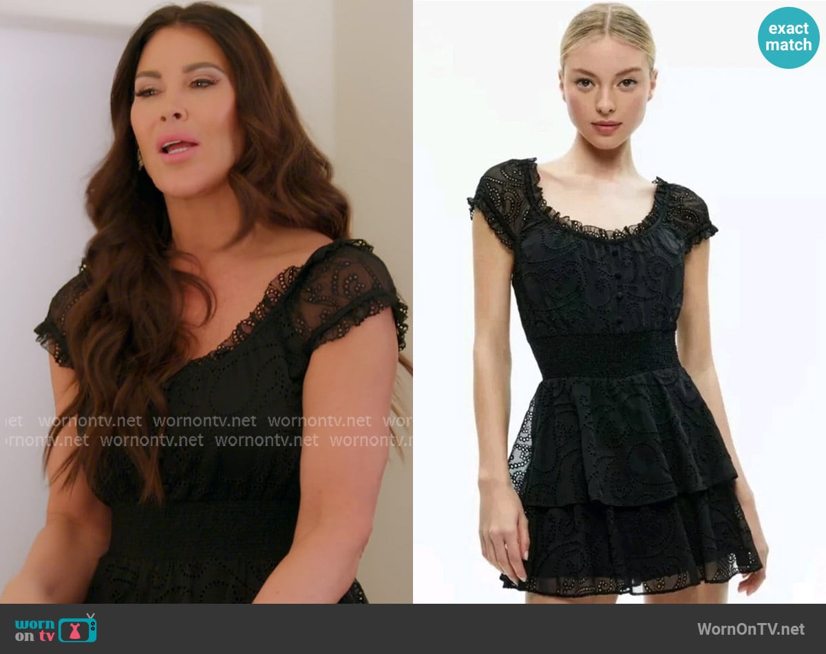 Alice + Olivia Gracie Eyelet Chiffon Romper Dress worn by Emily Simpson on The Real Housewives of Orange County Alice + Olivia Gracie Eyelet Chiffon Romper Dress worn by Emily Simpson on The Real Housewives of Orange County