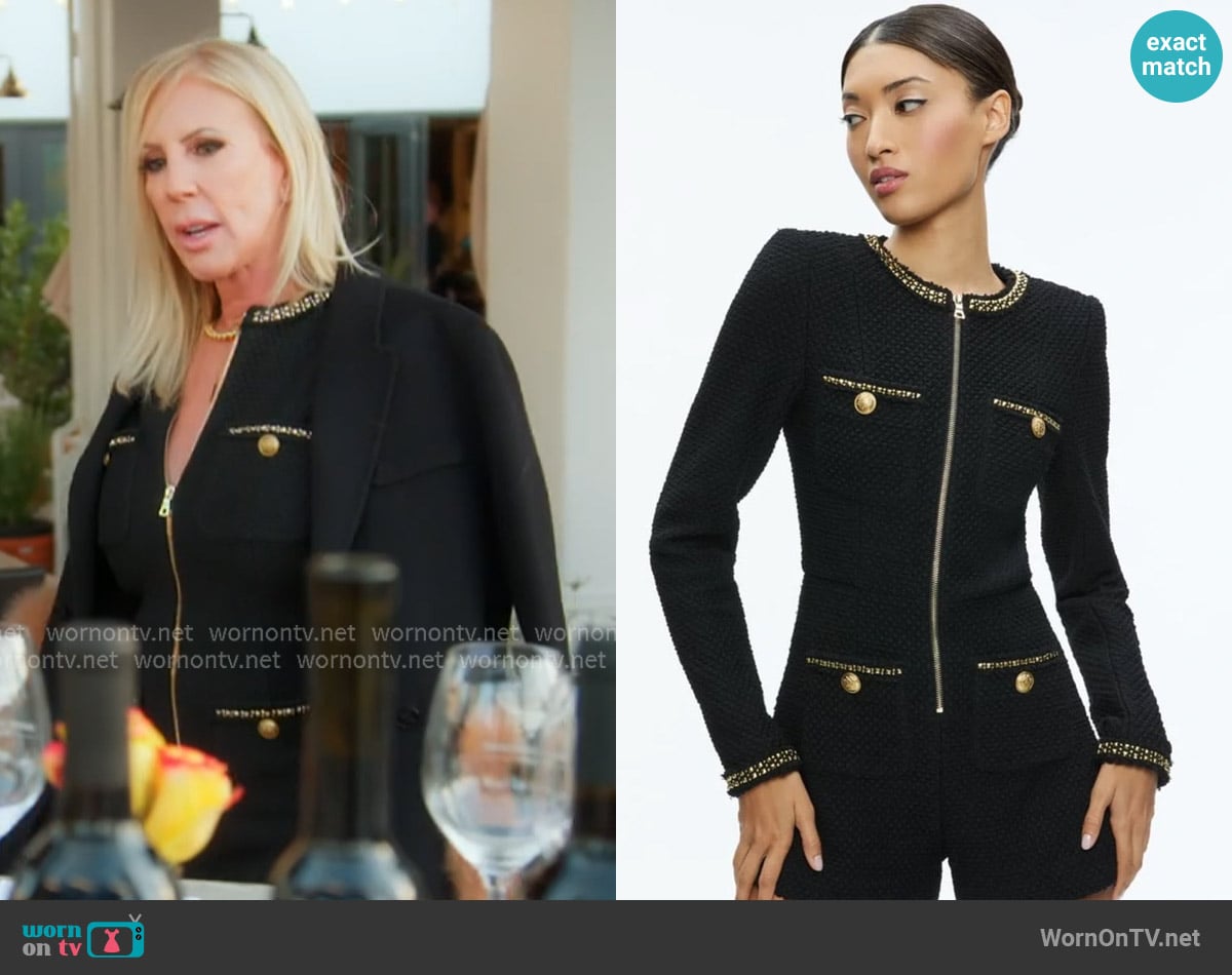 Alice + Olivia Shiloh Gold Zipper Romper worn by Vicki Gunvalson on The Real Housewives of Orange County Alice + Olivia Shiloh Gold Zipper Romper worn by Vicki Gunvalson on The Real Housewives of Orange County