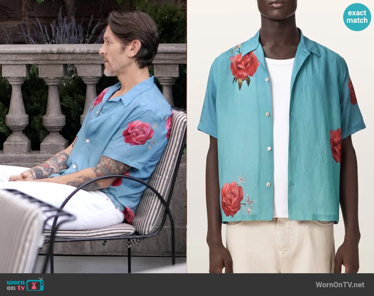 All Saints Fleur Fazed Floral Shirt in Anker Blue worn by Daniel Romalotti (Michael Graziadei) on The Young and the Restless All Saints Fleur Fazed Floral Shirt in Anker Blue worn by Daniel Romalotti (Michael Graziadei) on The Young and the Restless