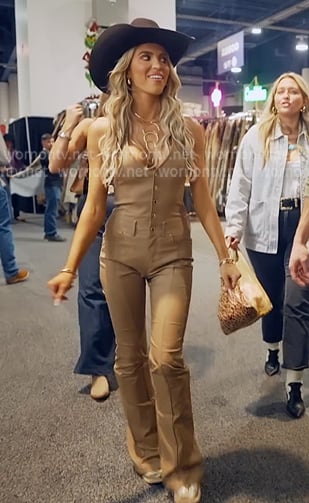Allie's beige denim jumpsuit on The McBee Dynasty Real American Cowboys
