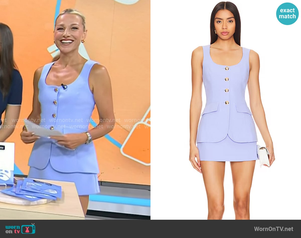 Amanda Uprichard Kya Romper in English Lavender worn by Lindsay Czarniak on Today Amanda Uprichard Kya Romper in English Lavender worn by Lindsay Czarniak on Today