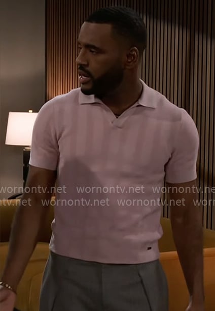 Andre’s pink knit polo shirt on Beyond the Gates Andre’s pink knit polo shirt on Beyond the Gates