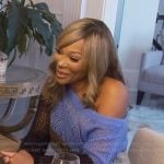 Angela’s colorblock off shoulder knit dress on The Real Housewives of Atlanta