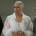 Anita’s white sheer jacket with feather cuffs on Beyond the Gates Anita’s white sheer jacket with feather cuffs on Beyond the Gates