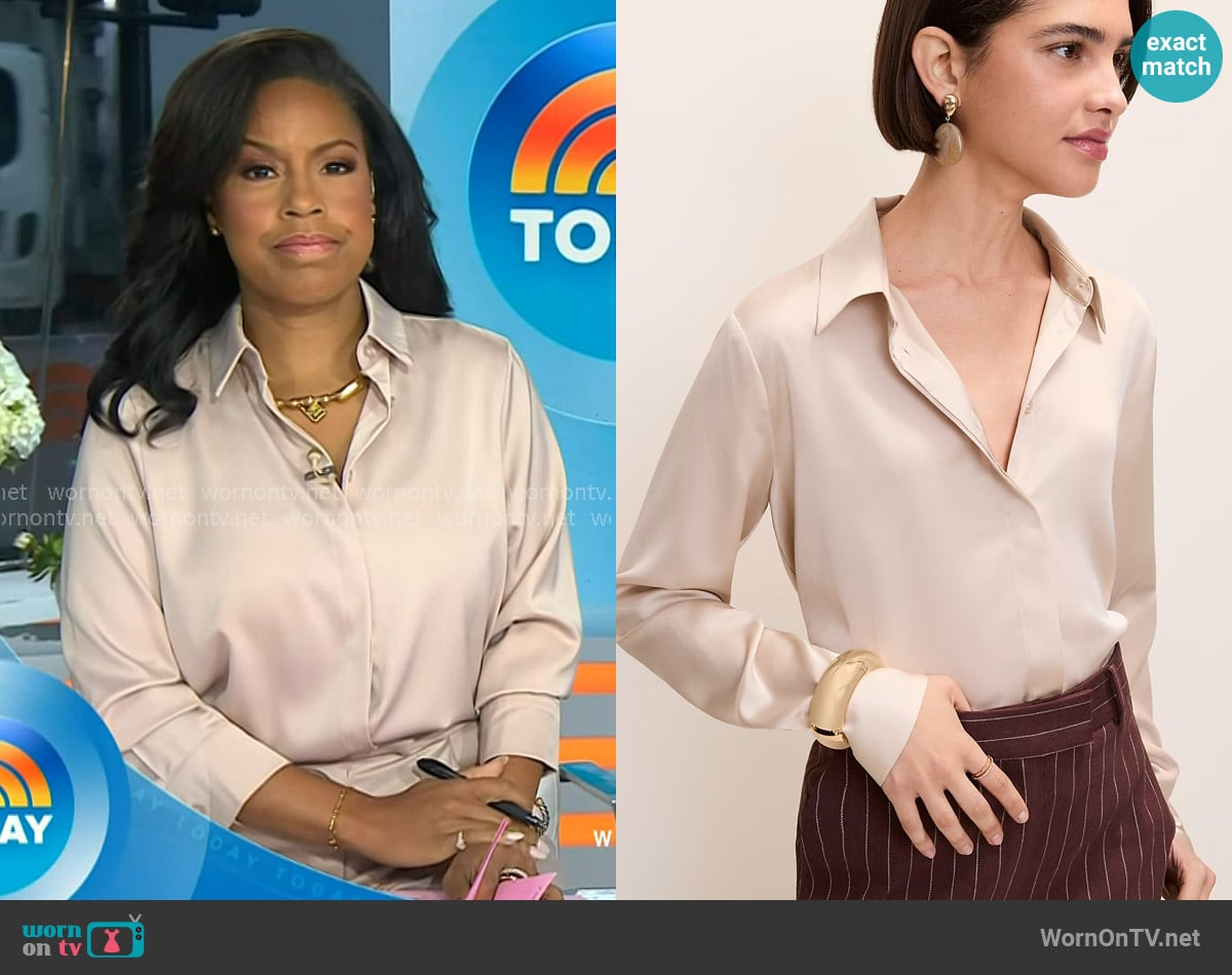 Ann Taylor Satin Modern Shirt in Sail Cloth worn by Sheinelle Jones on Today Ann Taylor Satin Modern Shirt in Sail Cloth worn by Sheinelle Jones on Today
