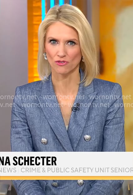 Anna Schecter's blue heater blazer with silver buttons on CBS Mornings