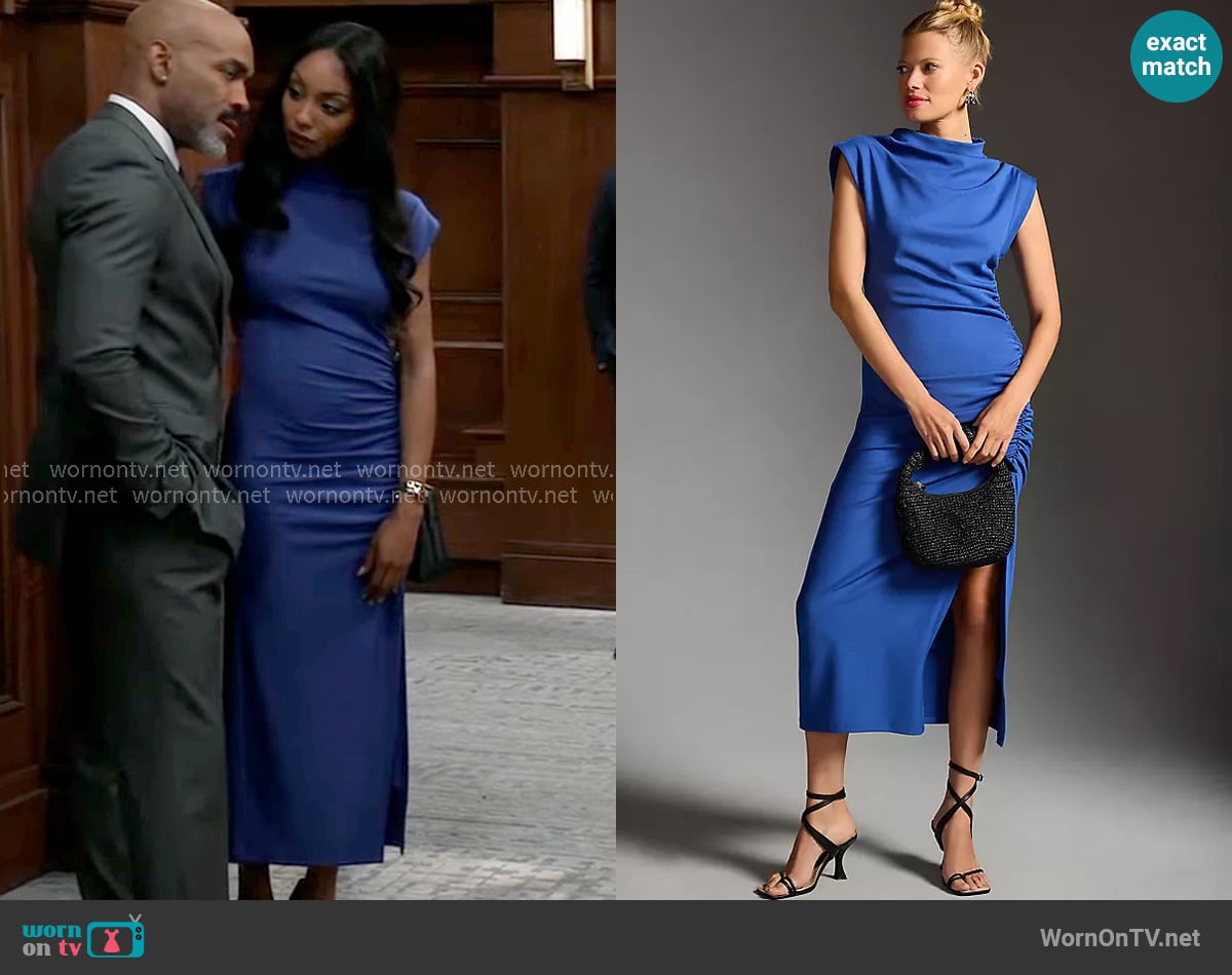 Anthropolgie Maya Ruched Cowl-Neck Dress worn by Jordan Ashford (Tanisha Mariko Harper) on General Hospital Anthropolgie Maya Ruched Cowl-Neck Dress worn by Jordan Ashford (Tanisha Mariko Harper) on General Hospital