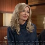 Ashley’s navy blue long sleeve blouse on The Young and the Restless Ashley’s navy blue long sleeve blouse on The Young and the Restless