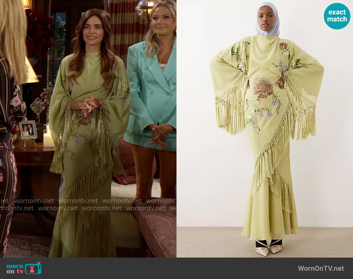 ASOS Design Modesty embroidery and viscose fringe kimono maxi dress in green worn by Victoria Newman (Amelia Heinle) on The Young and the Restless