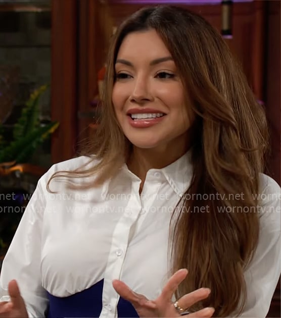 Audra’s blue and white shirtdress on The Young and the Restless Audra’s blue and white shirtdress on The Young and the Restless