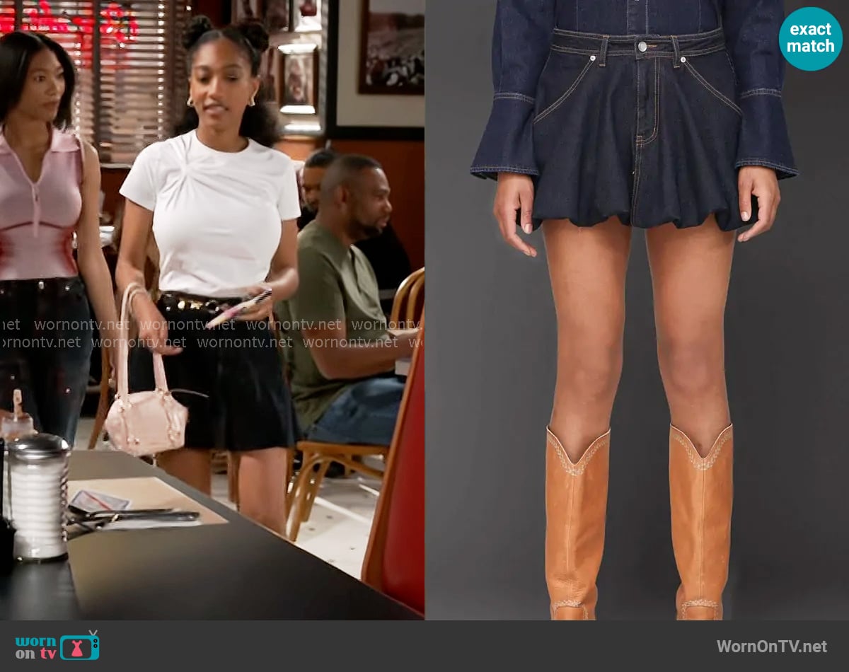 Avec Les Filles Denim Bubble Mini Skirt worn by Samantha Richardson (Najah Jackson) on Beyond the Gates