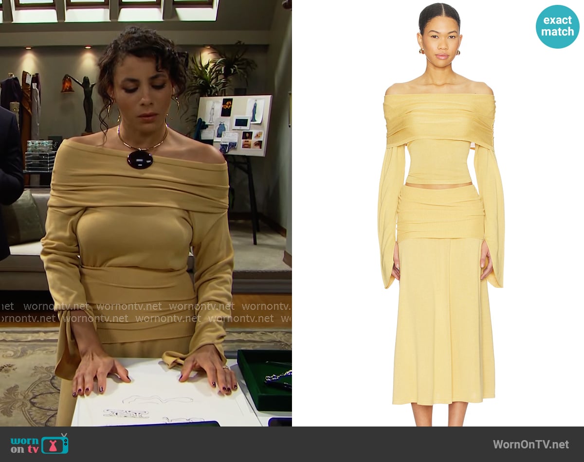 Aya Muse Rylin Top and Skirt in Saffron worn by Daphne Rose (Murielle Hilaire) on The Bold and the Beautiful Aya Muse Rylin Top and Skirt in Saffron worn by Daphne Rose (Murielle Hilaire) on The Bold and the Beautiful