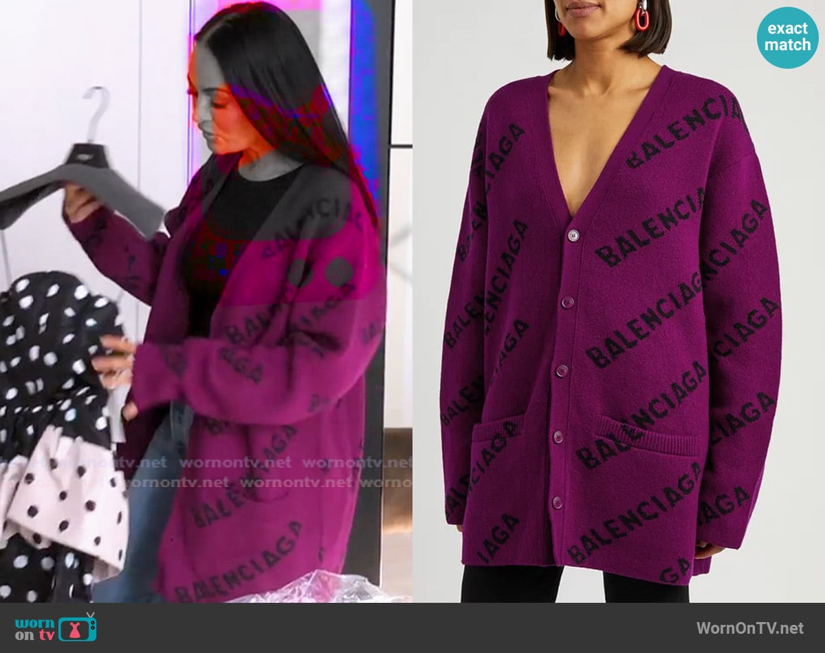 Balenciaga Plum Logo-Intarsia Wool-Blend Cardigan worn by Lisa Barlow on The Real Housewives Ultimate Girls Trip