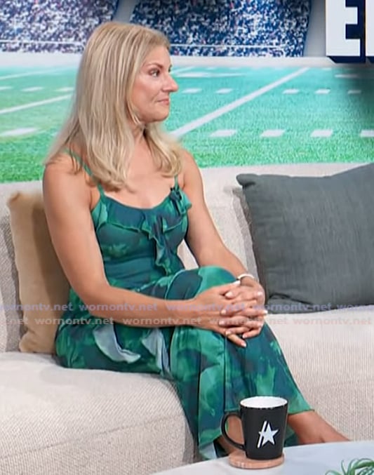 Bonnie Bernstein’s green floral ruffle maxi dress on Access Hollywood Bonnie Bernstein’s green floral ruffle maxi dress on Access Hollywood