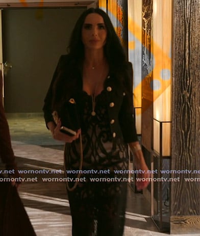 Carmella’s black embroidered dress on The Real Housewives of Orange County Carmella’s black embroidered dress on The Real Housewives of Orange County