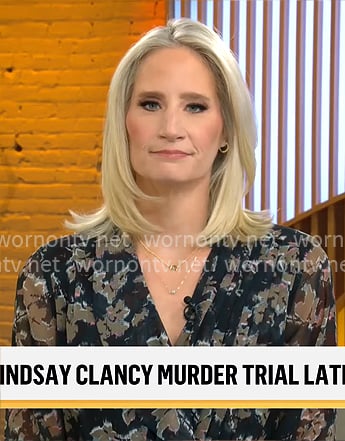 Caroline Polisi’s navy printed dress on CBS Mornings