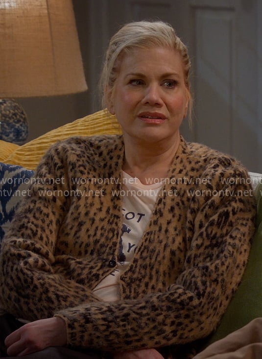 Carol’s Cat Got Your Tongue tee and leopard cardigan on Leanne