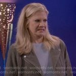 Carol’s grey suede moto jacket on Leanne