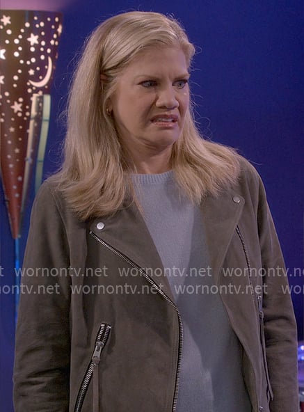 Carol’s grey suede moto jacket on Leanne