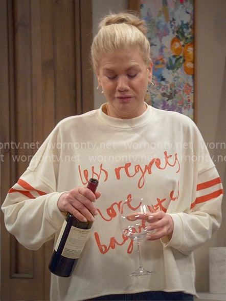 Carol’s Less Regrets More Baguettes sweatshirt on Leanne Carol’s Less Regrets More Baguettes sweatshirt on Leanne