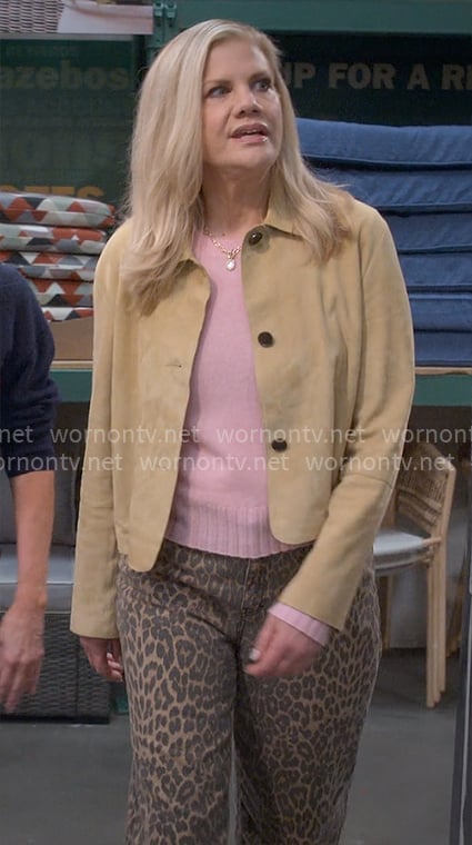 Carol's pink sweater and suede jacket with leopard jeans on Leanne