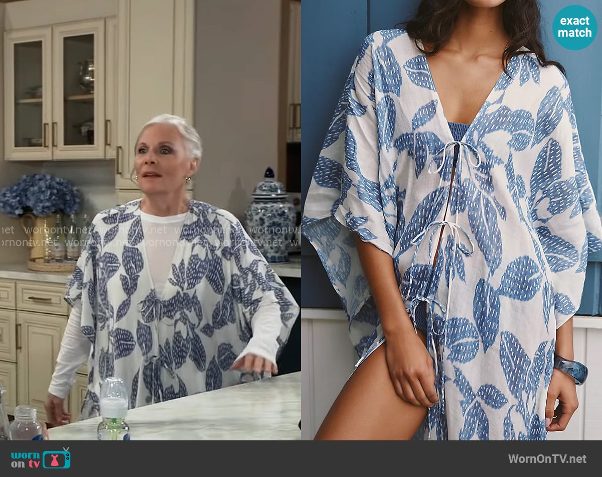 Celandine Botanical Sheer Kaftan in Blue Pattern worn by Tracy Quartermaine (Jane Elliot) on General Hospital Celandine Botanical Sheer Kaftan in Blue Pattern worn by Tracy Quartermaine (Jane Elliot) on General Hospital