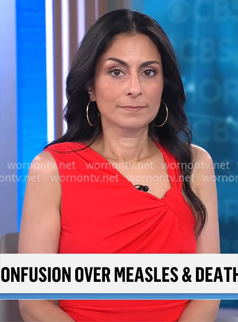 Celine Gounder's red twist neck dress on CBS Mornings