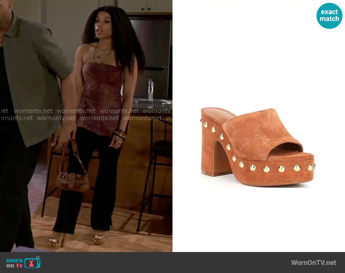 Chelsea & Violet Alliah Suede Studded Platform Sandals worn by Eva Thomas (Ambyr Michelle) on Beyond the Gates