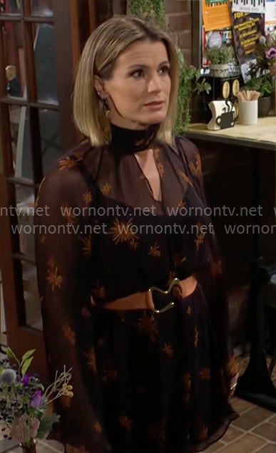 Chelsea’s sheer navy printed keyhole dress on The Young and the Restless