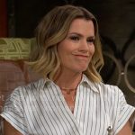 Chelsea's striped wrap dress on The Young and the Restless Chelsea's striped wrap dress on The Young and the Restless