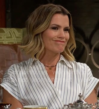 Chelsea’s striped wrap dress on The Young and the Restless Chelsea’s striped wrap dress on The Young and the Restless