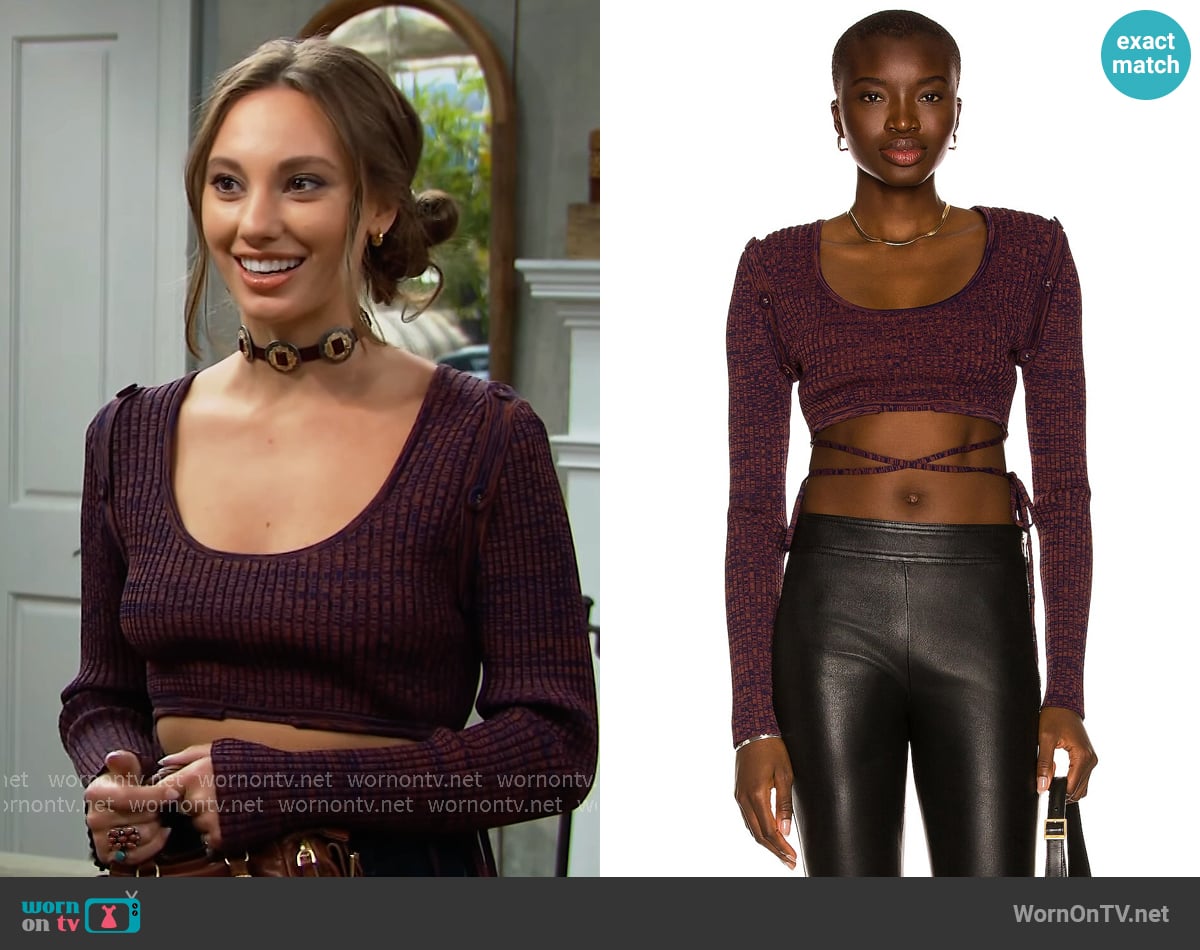 Christopher Esber Deconstruct Long Sleeve Knit Tie Crop Top worn by Melissa Dylan (Sydney Bullock) on The Bold and the Beautiful Christopher Esber Deconstruct Long Sleeve Knit Tie Crop Top worn by Melissa Dylan (Sydney Bullock) on The Bold and the Beautiful