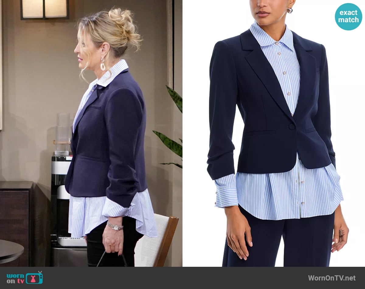 Cinq a Sept Aron Layered Blazer worn by Sharon Newman (Sharon Case) on The Young and the Restless Cinq a Sept Aron Layered Blazer worn by Sharon Newman (Sharon Case) on The Young and the Restless