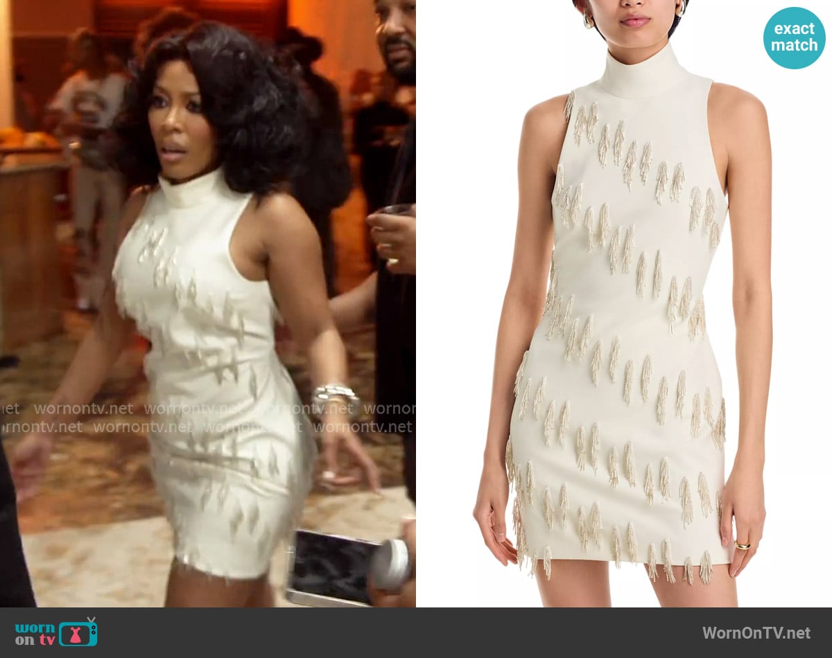 Cinq a Sept Cascade Bugle Micky Dress worn by Kimberly Michelle Pate on The Real Housewives of Atlanta