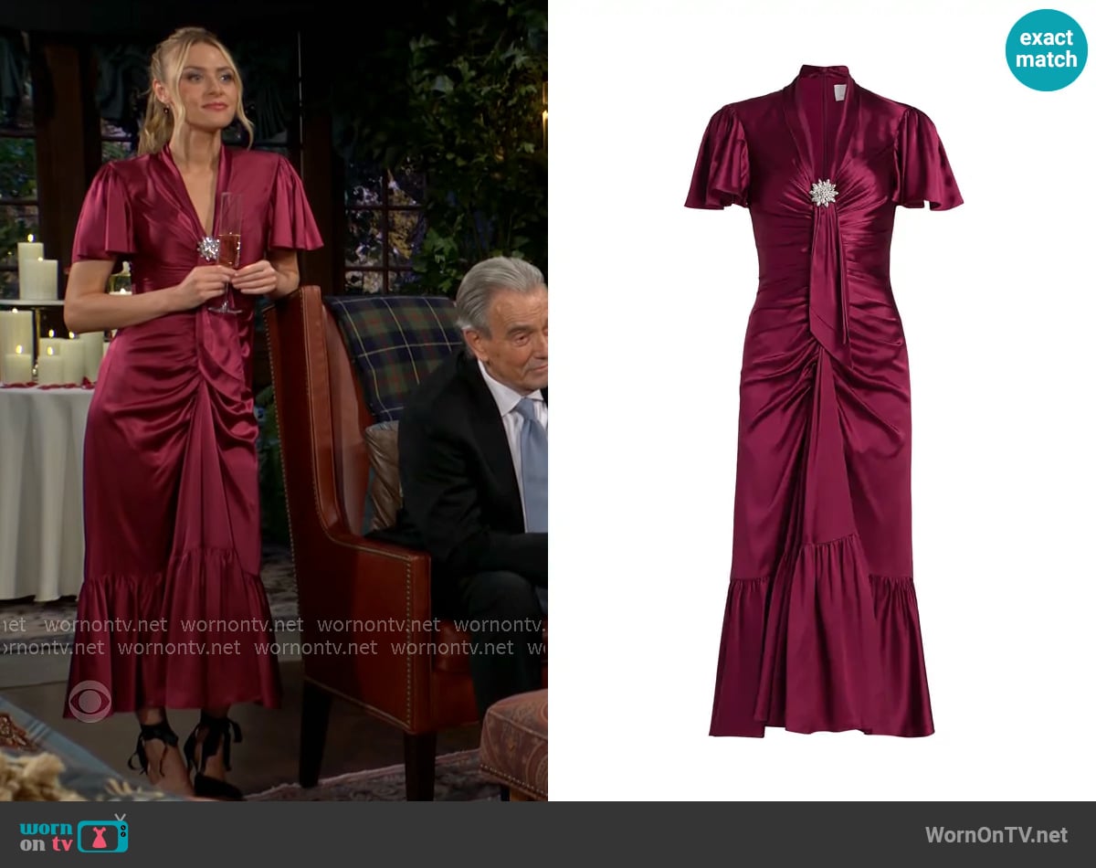 Cinq a Sept Peeta Crystal Brooch-Embellished Satin Cocktail Dress in Red Plum worn by Claire Grace (Hayley Erin) on The Young and the Restless