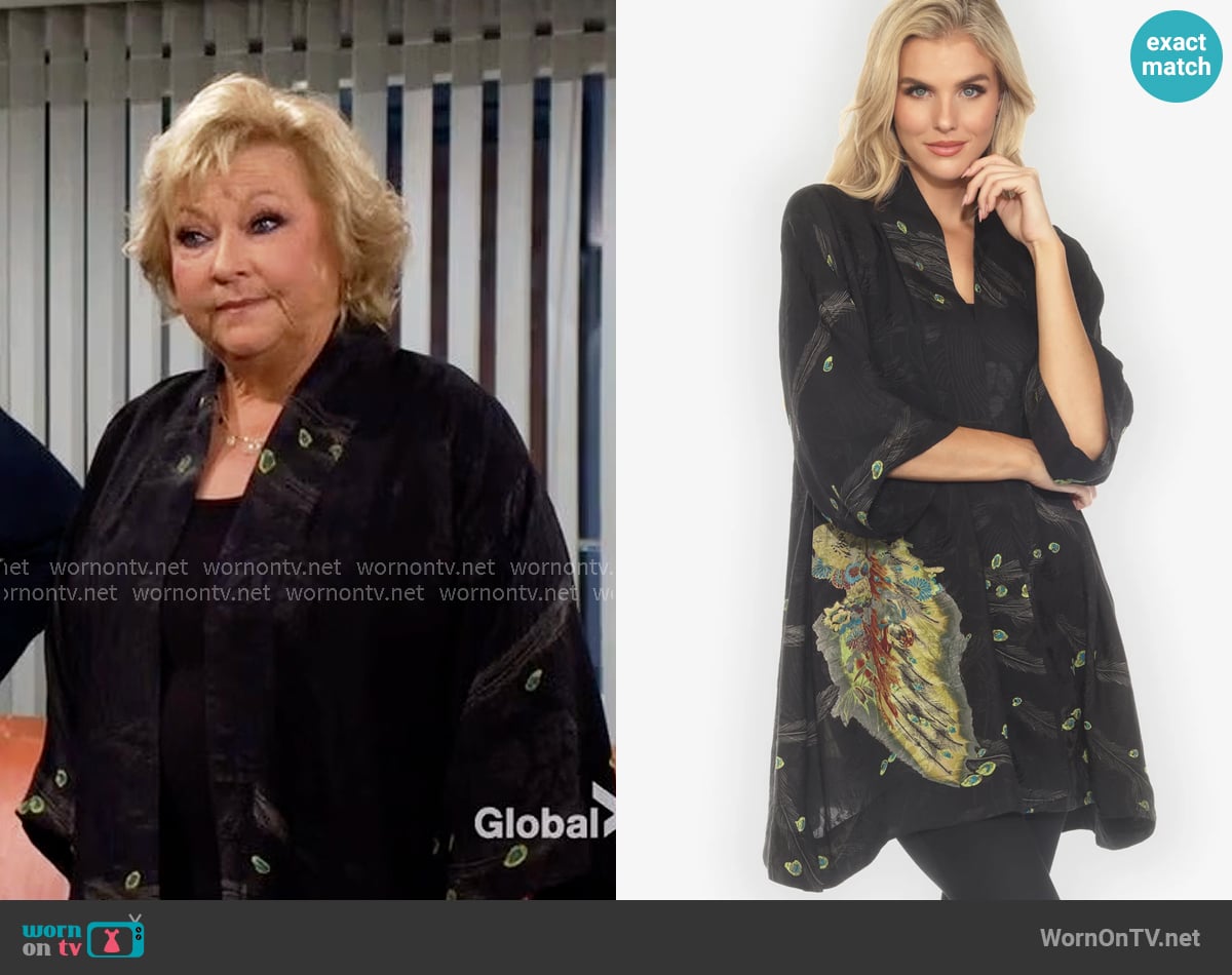 Citron Peacock Floral Black Silk Kimono Jacket worn by Traci Abbott (Beth Maitland) on The Young and the Restless Citron Peacock Floral Black Silk Kimono Jacket worn by Traci Abbott (Beth Maitland) on The Young and the Restless