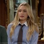 Claire’s blue shirt with tie and button front skirt on The Young and the Restless Claire’s blue shirt with tie and button front skirt on The Young and the Restless
