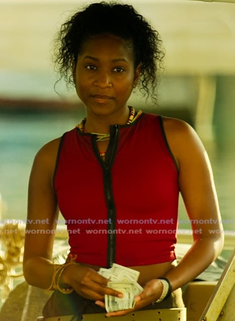 Cleo's red zip down bikini top on Outer Banks
