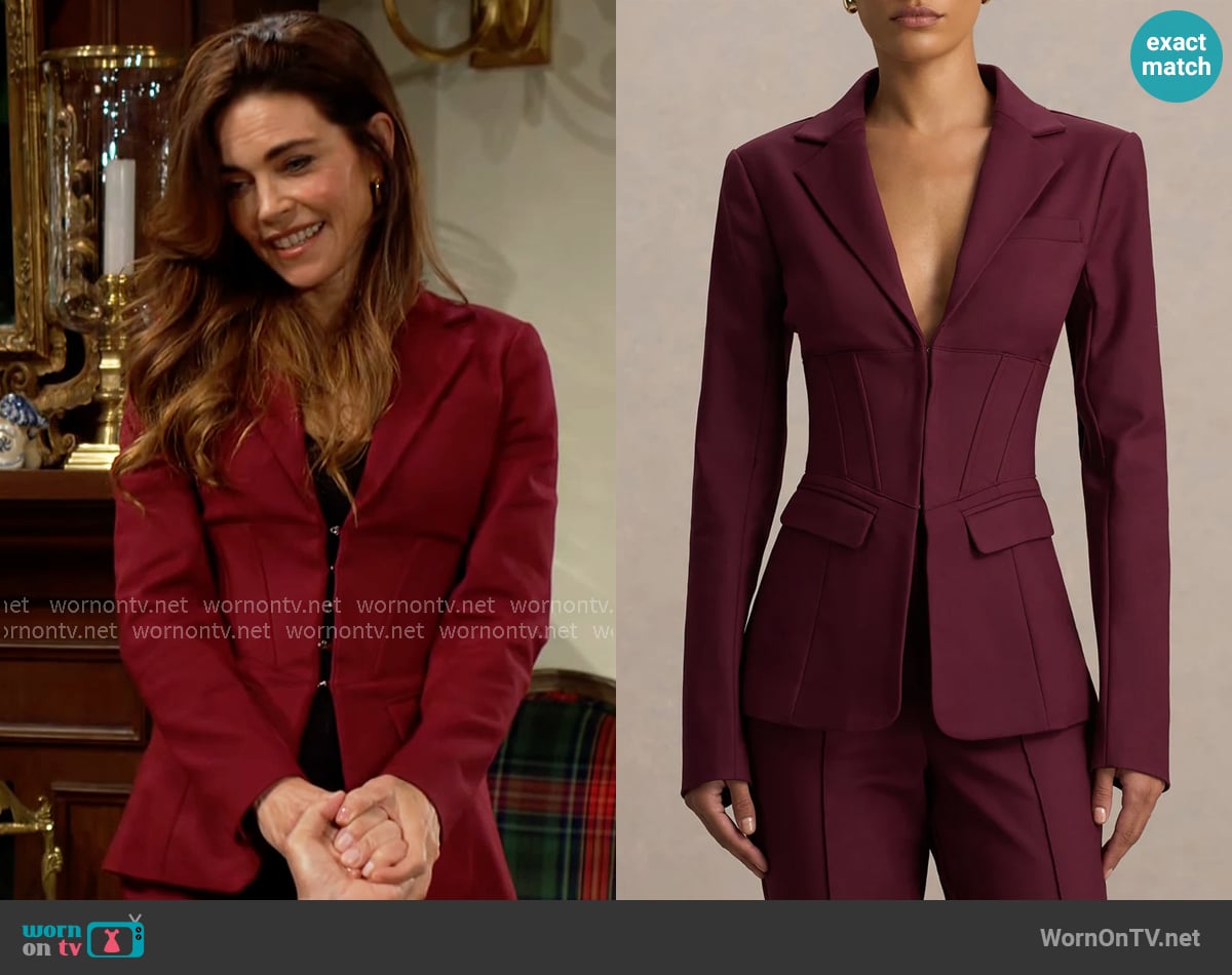 Club L London Unbeaten Fitted Corset Blazer Jacket in Burgundy worn by Victoria Newman (Amelia Heinle) on The Young and the Restless