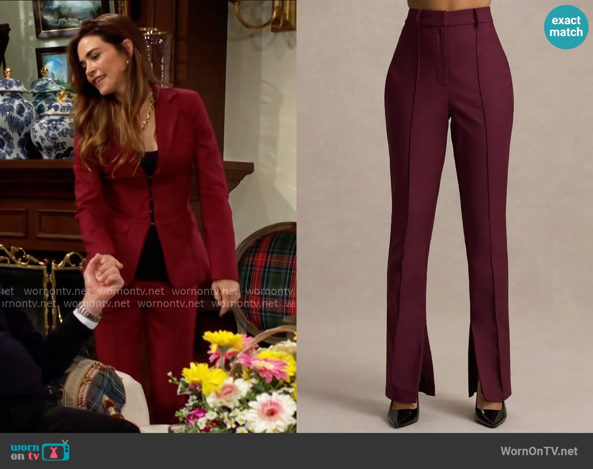 Club L London Wonder Woman High Waist Tailored Trousers With Hem Split in Burgundy worn by Victoria Newman (Amelia Heinle) on The Young and the Restless