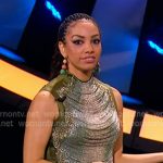 Corinne’s green beaded top and leather pants on Beat Shazam