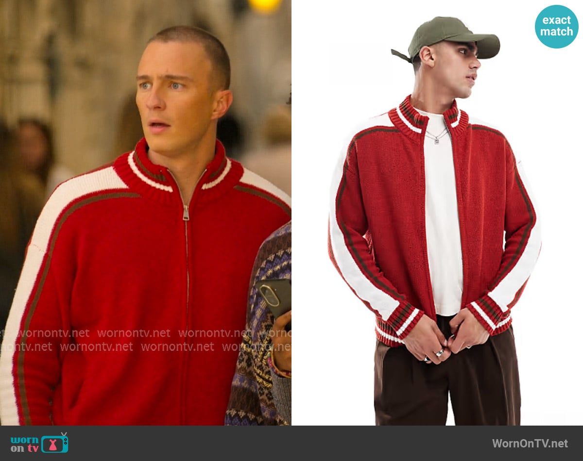 Cotton On Zip up knit scarlet red worn by Rafe Cameron ( Drew Starkey) on Outer Banks Cotton On Zip up knit scarlet red worn by Rafe Cameron ( Drew Starkey) on Outer Banks