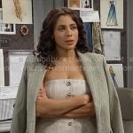 Daphne’s sage green pinstripe suit and button front strapless top on The Bold and the Beautiful Daphne’s sage green pinstripe suit and button front strapless top on The Bold and the Beautiful