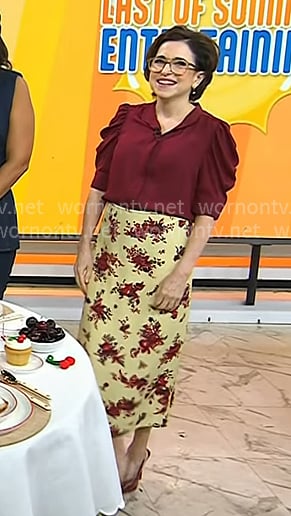 Darcy Miller’s burgundy blouse and yellow floral skirt on Today Darcy Miller’s burgundy blouse and yellow floral skirt on Today