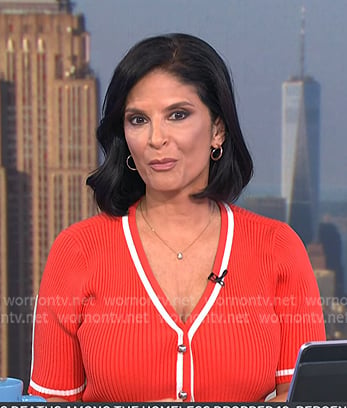 Darlene’s red cardigan with white stripe trim on Today