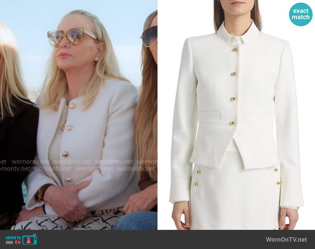 Derek Lam 10 Crosby Elizabeth Peplum Jacket worn by Shannon Beador on The Real Housewives of Orange County Derek Lam 10 Crosby Elizabeth Peplum Jacket worn by Shannon Beador on The Real Housewives of Orange County