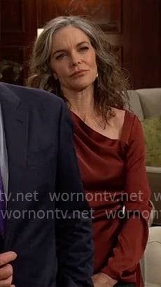 Diane’s red satin asymmetric neckline dress on The Young and the Restless Diane’s red satin asymmetric neckline dress on The Young and the Restless