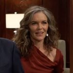 Diane’s red satin asymmetric neckline dress on The Young and the Restless Diane’s red satin asymmetric neckline dress on The Young and the Restless